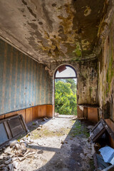 abandoned room, hotel interior in ruins