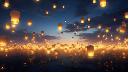 Paper lanterns flying above misty lake at night