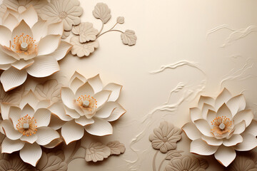 Papercut of white oriental style flowers. Banner for wedding or advertisement