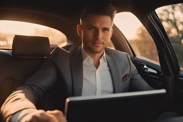 Young successful businessman in business suit looking at camera