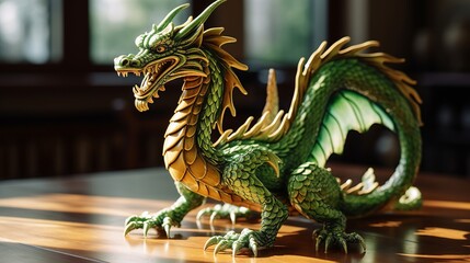 2024 Symbol of New Year: Green Wood Dragon. Wooden figurina standing on table