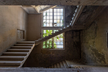 staircase in an abandoned interior, abandoned sanatorium - obrazy, fototapety, plakaty