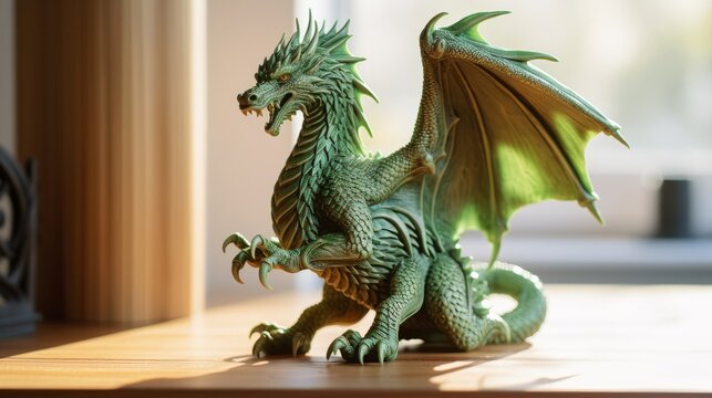 2024 Symbol of New Year: Green Wood Dragon. Wooden figurina standing on table
