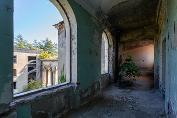 abandoned interior, corridor in a creepy place, abandoned sanatorium - obrazy, fototapety, plakaty