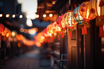 Lanterns hanging in the streets of China town. Chinese New Year concept