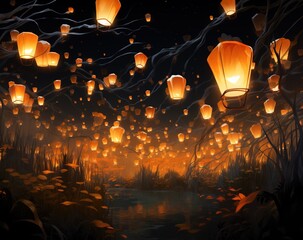 Fototapeta na wymiar Dozens of lanterns floating in the air in the style of painting illustration