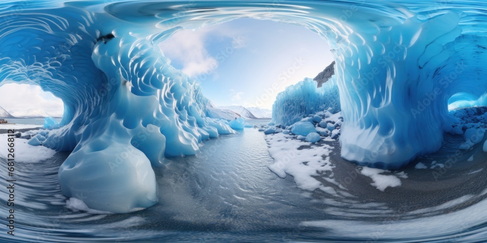 Sticker 360 spherical panorama of a blue ice cave with water flowing through it, ai