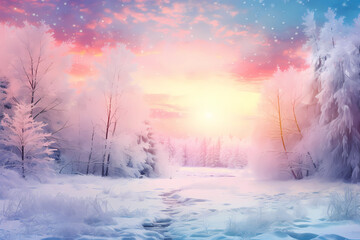 Winter landscape with snowy snowfall of trees and snowflakes at sunset