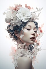 an East Asian woman's beautiful face and blooming flowers that compose her face, collage art