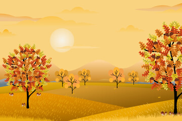 Autumn Landscape Background Sunset on the mountain. Oak trees , leaves, Acorn. Vector cartoon in Fall season forest oak tree orange sunset sky. Illustration banner poster of farmland. Copy space. 3D
