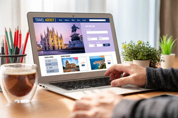Online travel agency website for modish search and travel planning offers deal and package for flight , hotel and tour booking - obrazy, fototapety, plakaty