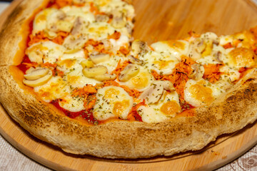 Traditional Brazilian chicken pizza with catupiry cheese and mushrooms