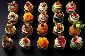 Assorted gourmet canapés with vibrant toppings on a dark background