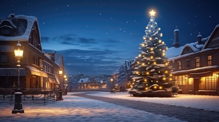 Snowy evening in a charming village with a brightly lit Christmas tree and cozy street lights