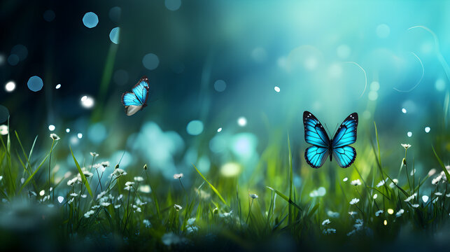natural background with butterflies and green grass