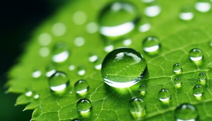 A water droplet resting on a green leaf