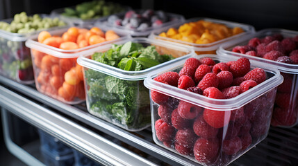 berries are stored in reusable box containers on containers on home freezer