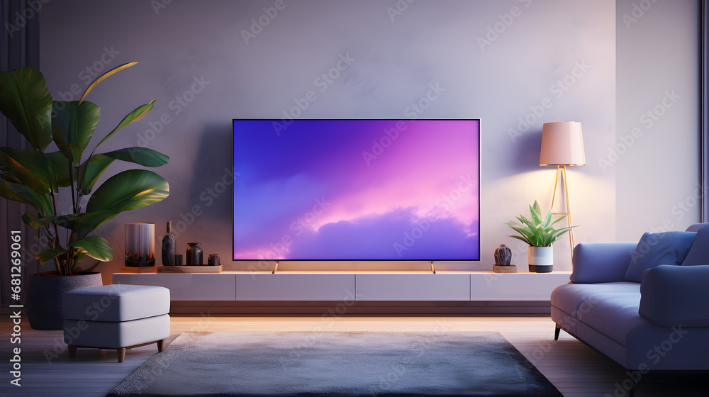 Canvas Prints flat panel television in a modern minimalist livingroom. Modern standing lamp. room lighting