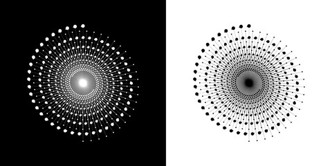 Speed lines in circle form. Geometric art Spiral dots on white and black backgrounds. Set of abstract shapes. Design element for design project Vector illustration