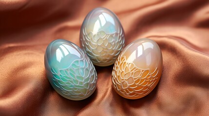 iridescent opalized bird eggs with distinctive markings isolated on a tan background  