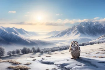 Poster winter everywhere snow frost mountains owl people in the distance © ADAGIOstudio