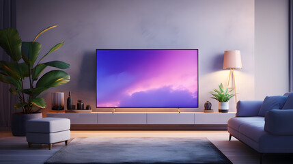 flat panel television in a modern minimalist livingroom. Modern standing lamp. room lighting