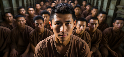 Obraz premium Prisoners in brown shirts at the prison