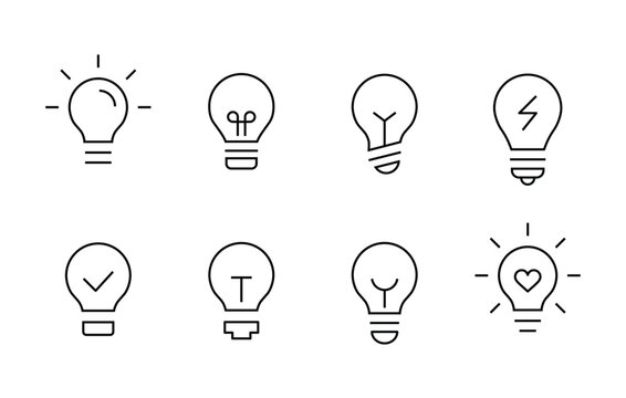 Light Bulb icon set, isolated on white background. Idea , solution, thinking. Lighting Electric lamp. Electricity, shine. line icons set, editable stroke isolated on white, linear vector outline,