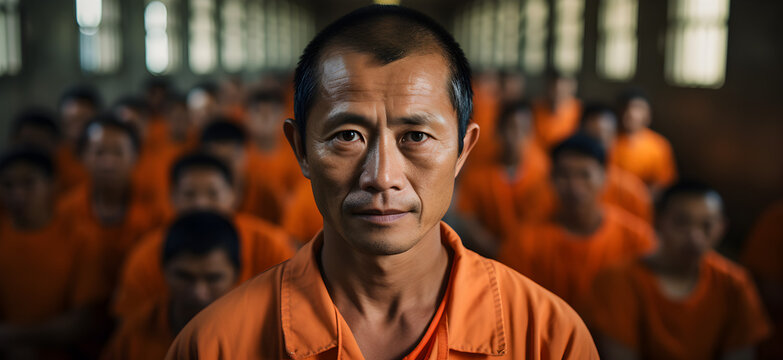 Prisoners in orange shirts at the prison
