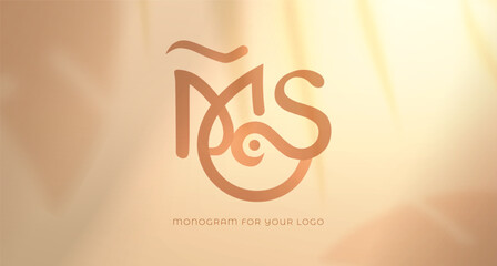 Initials M and S monogram icon.Creative letters MS for your logo. Transparent shadow effect. Shadows from leaves. Vector illustration . Eps 10