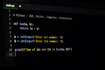 Software program source code of Python IDE code editor display photo