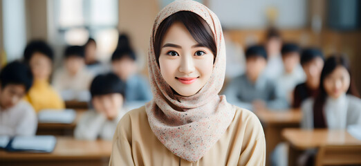 smiling asian female teacher standing in a class at elementary school looking at camera with...