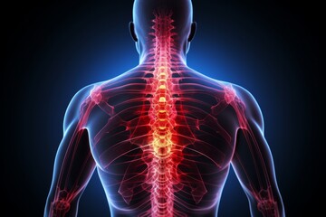 3D rendering medical illustration of male anatomy - spine, structure of back muscles and tendons. simple blue background Medical concept.