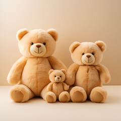 Three stuffed teddy bears sitting together on a beige background