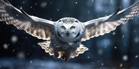 Zelfklevend Fotobehang Beautiful Snowy owl in flight in a snowy winter night © britaseifert