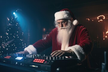 Stylish Santa Claus DJ with blue stage lighting and a Christmas tree in the background