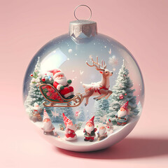 Christmas Enchantment: Santa Claus and Reindeer in a Glass Ornamental Bauble on a Baby Pink Background
