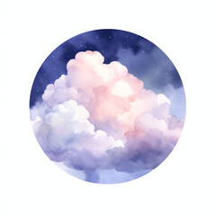 Obraz premium Watercolor sunset or sunrise sky with pink and purple clouds isolated on white background. Beautiful nature concept. Element for textile, fabric, paper, sticker print