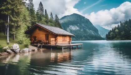 Generated image of a cabin on the lake in the forest with mountains in the background, daytime.