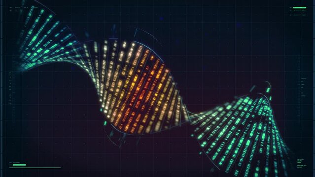 Futuristic biotechnology scanner examines the virtual projection of DNA spiral. Futuristic biotechnology scanner analyses genetic composition. Futuristic biotechnology scanner studies gene evolution.