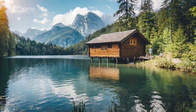 Generated image of a cabin on the lake in the forest with mountains in the background, daytime.