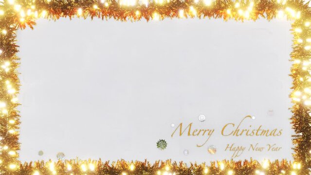 golden christmas greeting card as seamless looping animation, rotating dozen snowflakes, illuminated LED lights, christmas wreath