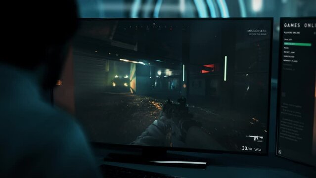 Player Loses Difficult Digital Gaming Mission To Enemy NPC Shot PC. Digital PC Gaming Special Forces Shooter Animation. Digital Hobby. Gaming On Modern PC. Defeat Screen. Battle. Military Guns