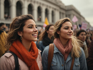 Group of young people in a march for the woman rights and gender equality