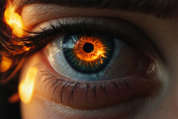 Close up of eye, Burning glowing fire in the eye iris - obrazy, fototapety, plakaty