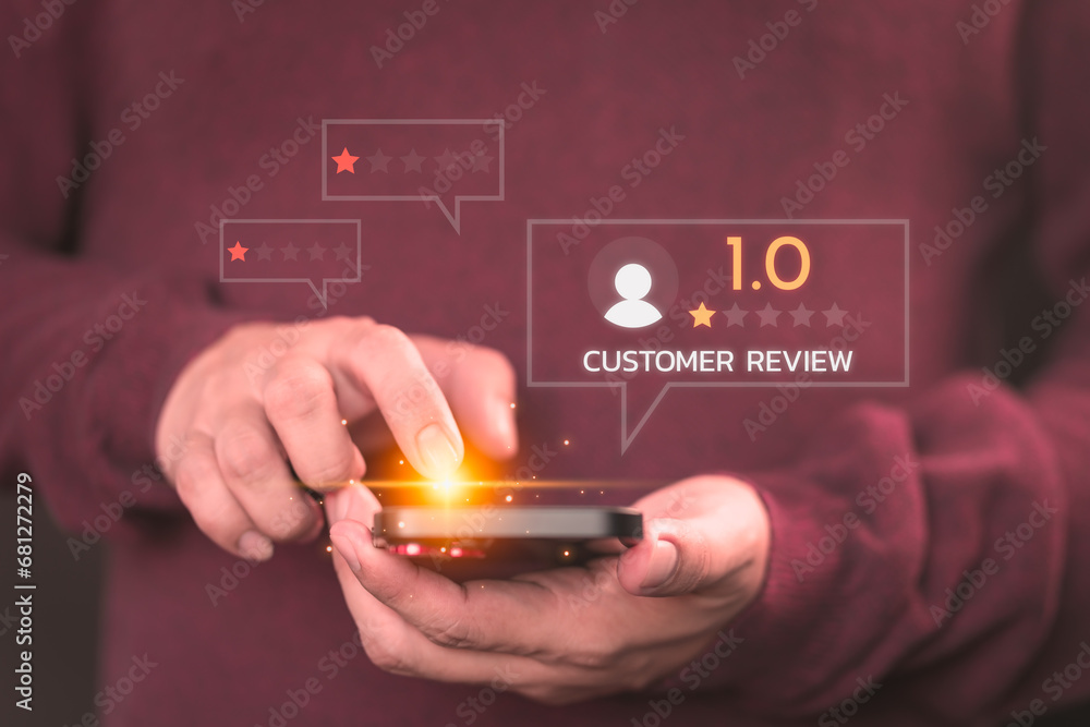 Aufkleber customer review and feedback with rate 1 star on virtual screen. assessment testimonial review for d