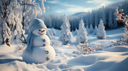 Funny snowman in the winter forest. Christmas and New Year background.