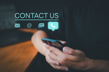 Contact us support hotline, people connect. User man use a smartphone with virtual screen member...