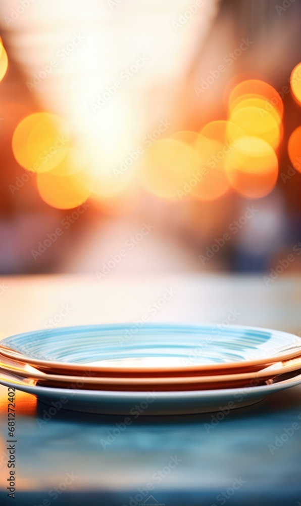 Poster a white empty plate with three plates on a table in a blurry background. generative ai.