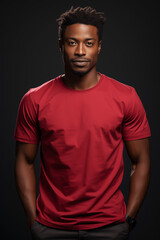 A man wearing a red t-shirt with a plain studio background. Generative AI. 